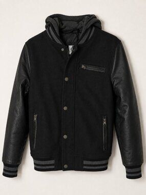BLACK Hooded Varsity Jacket Small Wool Blend Faux Leather Bomber Black Zip
